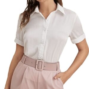 Short Sleeve Satin Shirt Button Up Solid Office Workwear Blouse Top